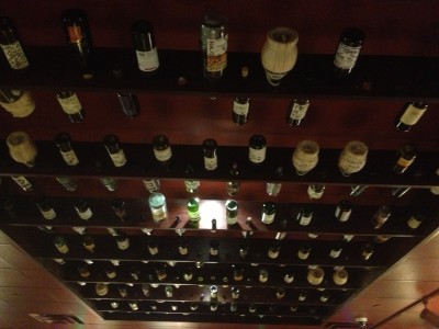 Wine bottles on the ceiling