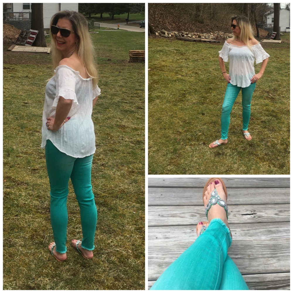boscovs white off the shoulder shirt Collage