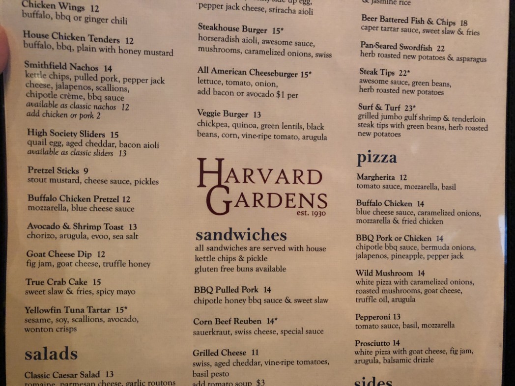 harvard Gardens menu